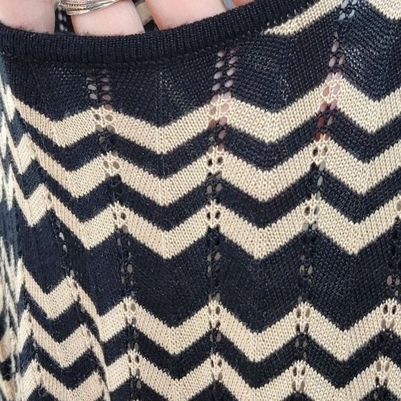 Julian Taylor Knit Midi Dress Size M Brown Black Stretch Zig Zag Eyelet Scallope - Picture 3 of 10